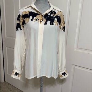 Escada Margaretha Ley Silk Blouse 38 Elephant Print Button Down Ivory Vintage